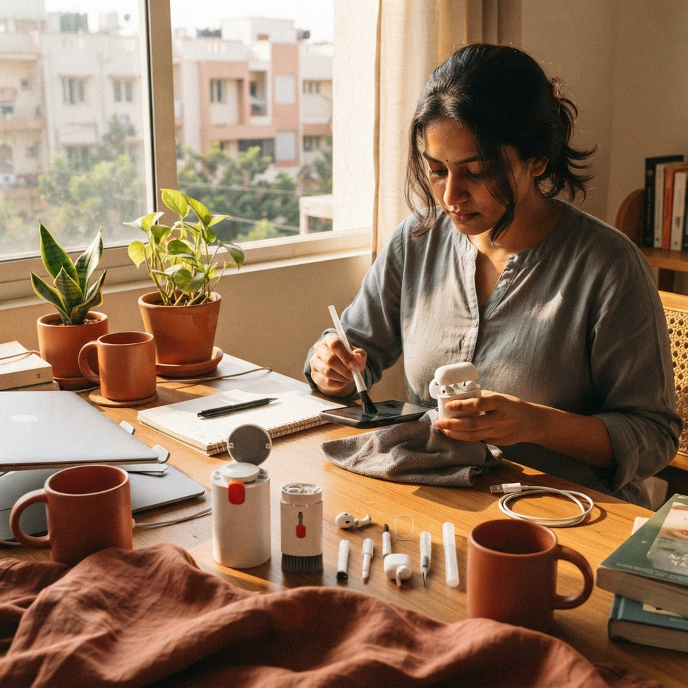 South Asian person using a gadget cleaning kit to wipe down a smartphone and earbuds on a wooden desk with terracotta accents