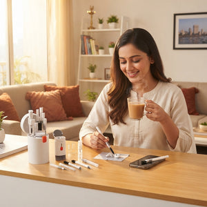 A young Indian woman calmly cleaning her smartphone and earbuds with a 20-in-1 gadget kit in a bright, modern living room.